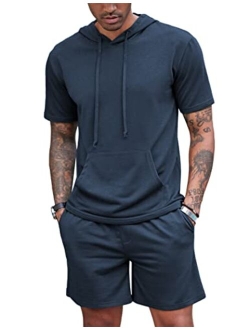 Men's Tracksuit 2 Piece Hooded Athletic Sweatsuit Short Sleeve Casual Sports Hoodie Shorts Set