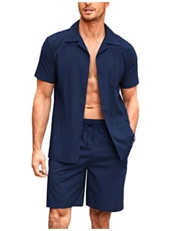 Men's 2 Piece Linen Set Guayabera Casual Button Down Shirt and Short Set Summer Beach Outfits