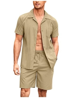 Men's 2 Piece Linen Set Guayabera Casual Button Down Shirt and Short Set Summer Beach Outfits