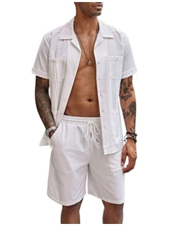 Men's 2 Pieces Guayabera Shirts Set Casual Linen Short Sleeve Button Down Shirts and Shorts Outfits