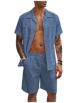 Men's 2 Pieces Guayabera Shirts Set Casual Linen Short Sleeve Button Down Shirts and Shorts Outfits