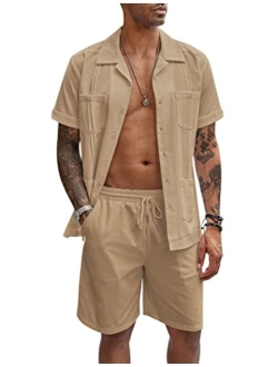 Men's 2 Pieces Guayabera Shirts Set Casual Linen Short Sleeve Button Down Shirts and Shorts Outfits