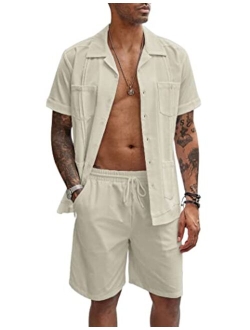 Men's 2 Pieces Guayabera Shirts Set Casual Linen Short Sleeve Button Down Shirts and Shorts Outfits