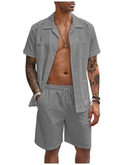 Men's 2 Pieces Guayabera Shirts Set Casual Linen Short Sleeve Button Down Shirts and Shorts Outfits