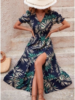 Tropical Print Puff Sleeve Split Thigh Ruffle Hem Dress