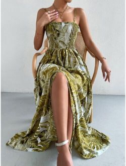 Tropical Print Shirred Split Thigh Cami Dress