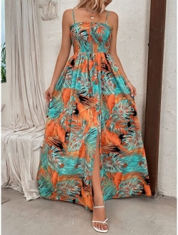 Tropical Print Shirred Split Thigh Cami Dress