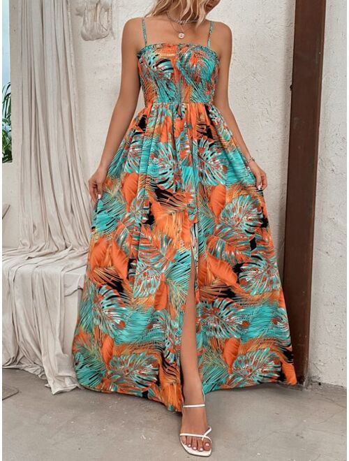 Shein Tropical Print Shirred Split Thigh Cami Dress