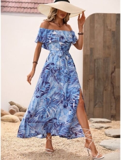 Tropical Print Off Shoulder Ruffle Trim Split Thigh Belted Dress