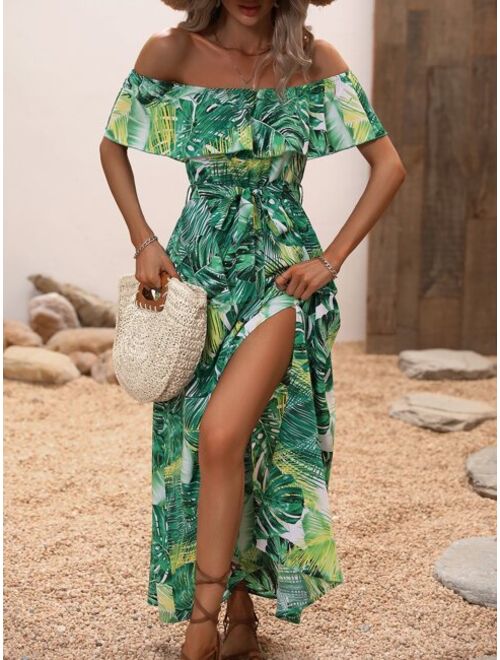 Shein Tropical Print Off Shoulder Ruffle Trim Split Thigh Belted Dress