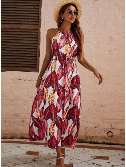 Tropical Print Tie Front Halter Dress