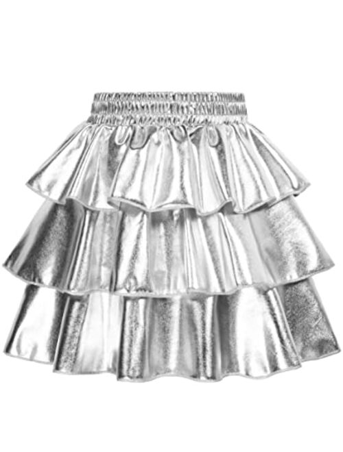 GRACE KARIN Girls Metallic Skirt 3-Layer Ruffle Skirt for Girls 5-14Y