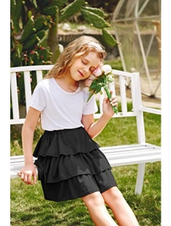 Girls Summer Cute High Waist Ruffle Skirt Flared Pleated Solid Color Skirt