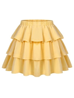 Girls Summer Cute High Waist Ruffle Skirt Flared Pleated Solid Color Skirt