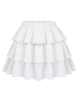 Girls Summer Cute High Waist Ruffle Skirt Flared Pleated Solid Color Skirt