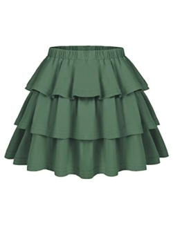 Girls Summer Cute High Waist Ruffle Skirt Flared Pleated Solid Color Skirt