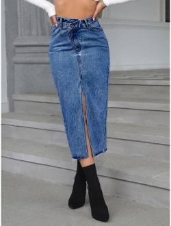 Overlap Waist Split Thigh Denim Skirt