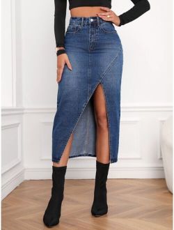 Zipper Fly Split Thigh Denim Skirt