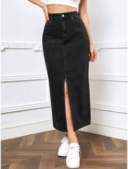 High Waist Slit Denim Skirt