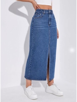 High Waist Slit Denim Skirt