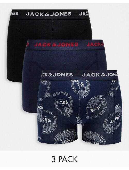 Jack & Jones 3 pack trunks with logo print in navy & black