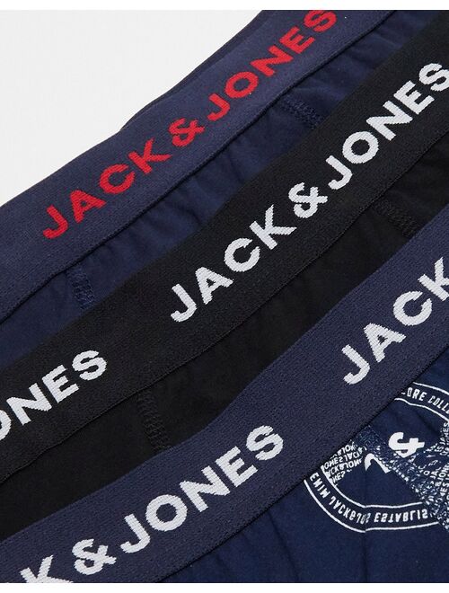 Jack & Jones 3 pack trunks with logo print in navy & black