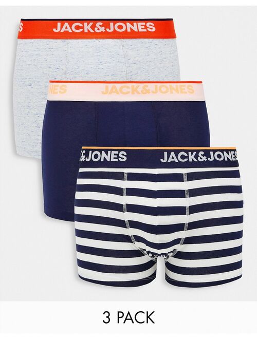 Jack & Jones 3-pack trunks with stripe and contrast neon waistband