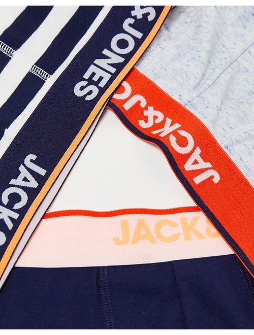 Jack & Jones 3-pack trunks with stripe and contrast neon waistband