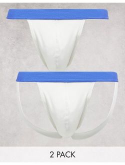 2 pack with thong and jock in white with contrast blue waistband