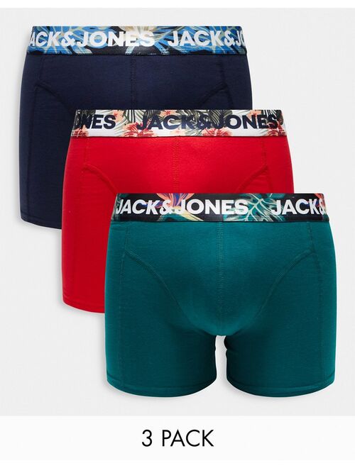 Jack & Jones 3-pack trunks with tropical waistband print in red & navy