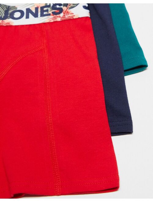 Jack & Jones 3-pack trunks with tropical waistband print in red & navy