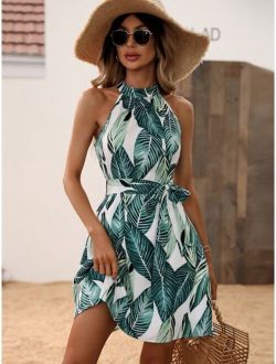 Tropical Print Halter Neck Belted Dress