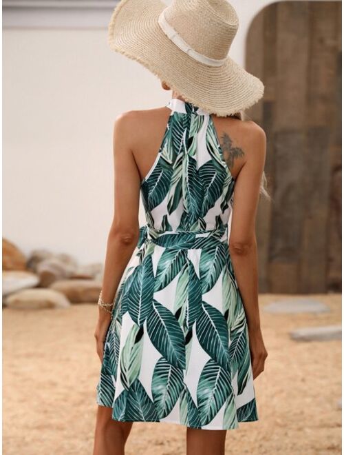 Shein Tropical Print Halter Neck Belted Dress