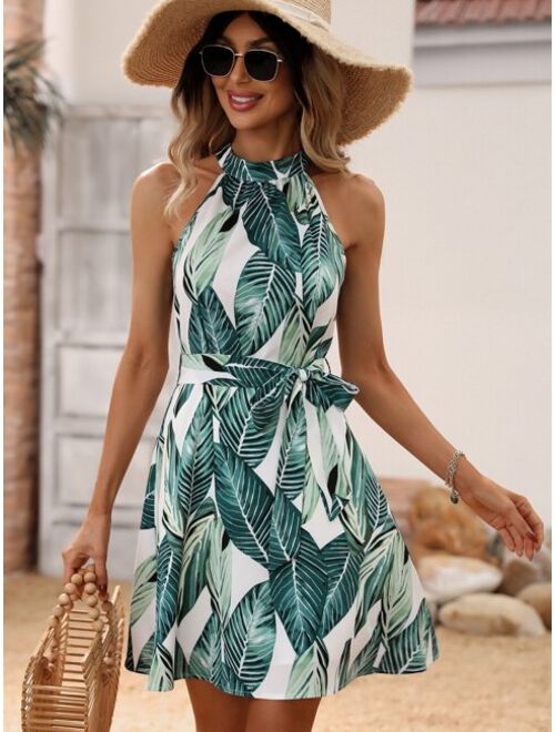 Shein Tropical Print Halter Neck Belted Dress