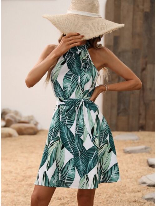 Shein Tropical Print Halter Neck Belted Dress