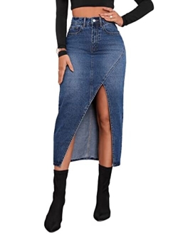 Women's Casual Denim Skirt High Waist Split Front Long Jean Skirts