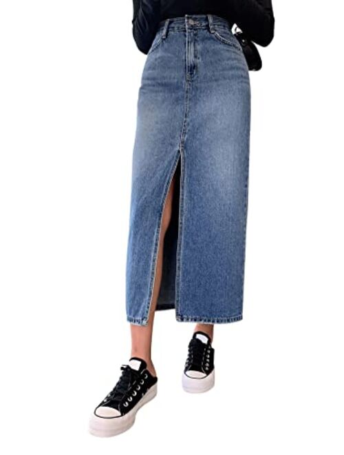 SweatyRocks Women's Casual Denim Skirt High Waist Split Front Long Jean Skirts