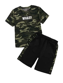 Boy's 2 Piece Letter Camo Print Short Sleeve Tee and Pocket Shorts Set