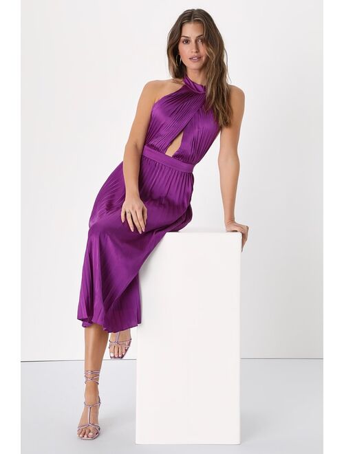 Lulus Totally Charming Purple Satin Plisse Pleated Halter Midi Dress