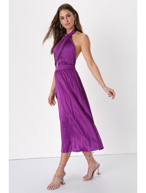 Lulus Totally Charming Purple Satin Plisse Pleated Halter Midi Dress