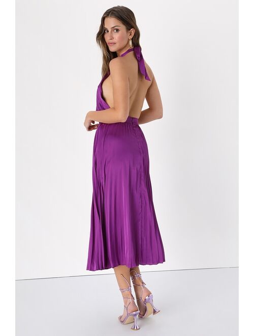 Lulus Totally Charming Purple Satin Plisse Pleated Halter Midi Dress