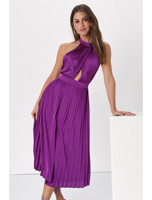 Lulus Totally Charming Purple Satin Plisse Pleated Halter Midi Dress