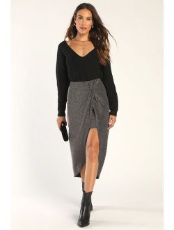 Simply Shiny Black Metallic Twist-Front High-Low Midi Skirt