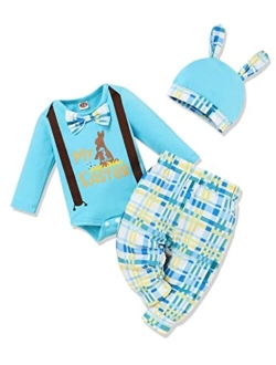 bilison My First Easter Outfit Infant Baby Boy Long Sleeve Bow Tie Romper Bunny Pants with Hat Easter Clothes Sets