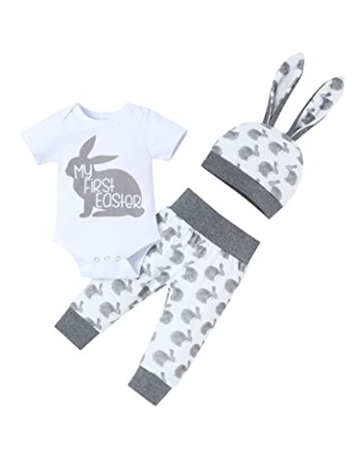 bilison My First Easter Outfit Infant Baby Boy Long Sleeve Bow Tie Romper Bunny Pants with Hat Easter Clothes Sets