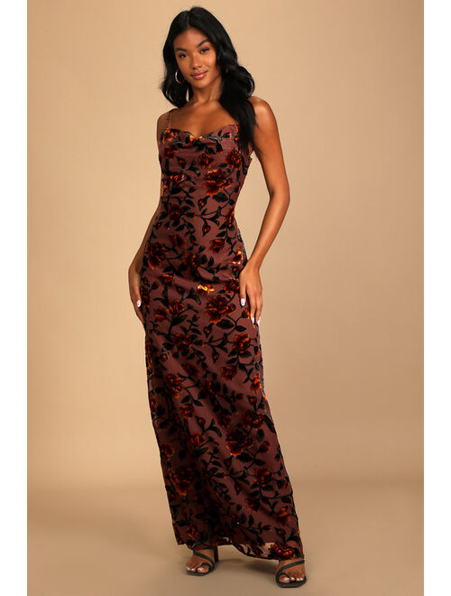 Lulus Romance in the Making Mauve Floral Print Velvet Maxi Dress