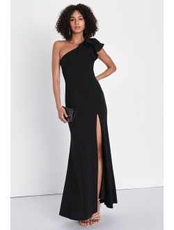 Dramatic Elegance Black Ruffled One-Shoulder Mermaid Maxi Dress