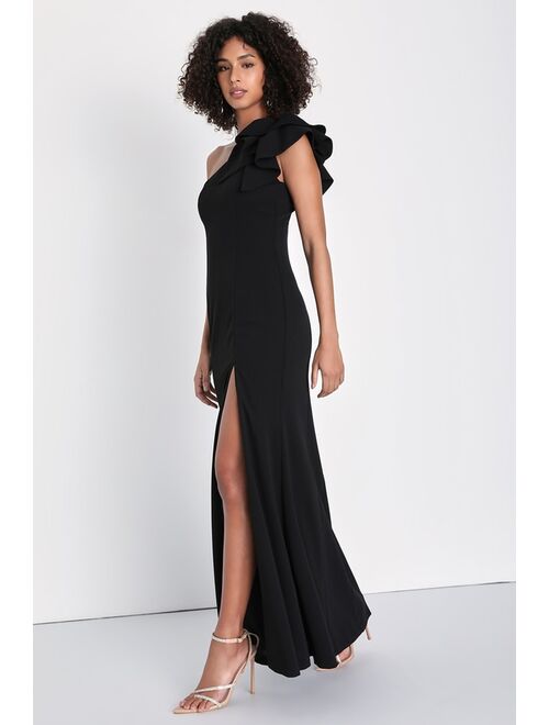 Lulus Dramatic Elegance Black Ruffled One-Shoulder Mermaid Maxi Dress