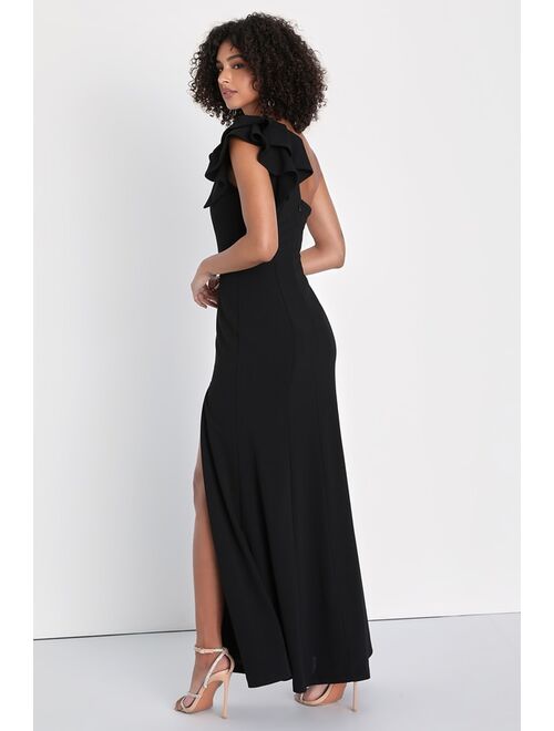 Lulus Dramatic Elegance Black Ruffled One-Shoulder Mermaid Maxi Dress