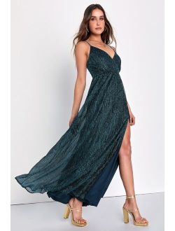 Glowing Stunner Shiny Teal Lurex Surplice Maxi Dress